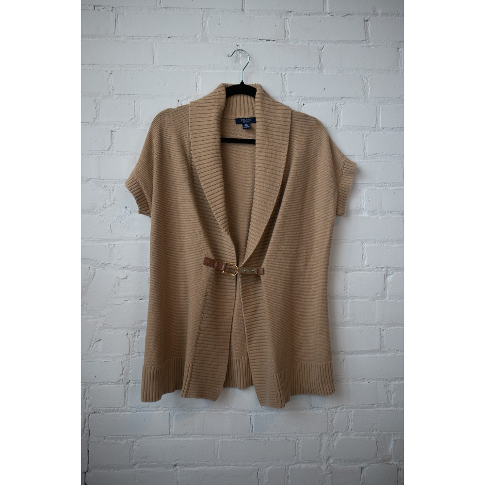 Chaps Womens XL Tan Linen Blend Short Sleeve Shawl Collar Buckle Cardigan